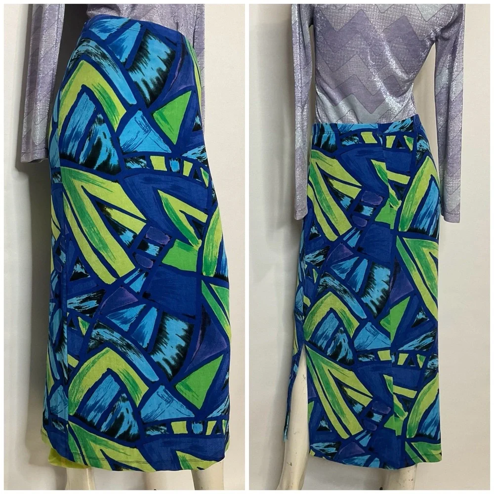 Slinky Y2K Abstract Modern Art Print Side Slit Maxi Skirt Size Medium